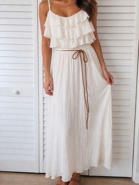 American Rag Cream Ruffled Tiered Maxi Dress with Braided Belt